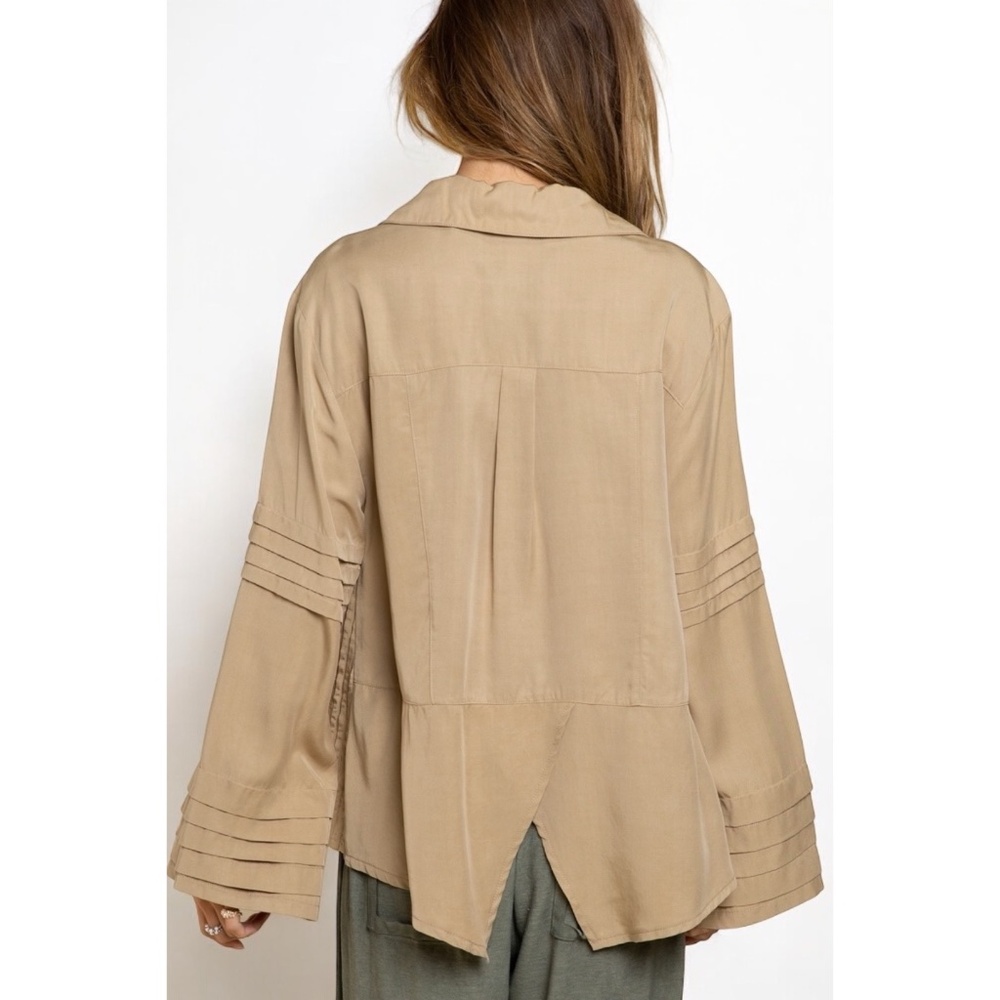 POL Olive Pleated Wide Long Sleeve Button Down Shirt - Picture 8 of 9